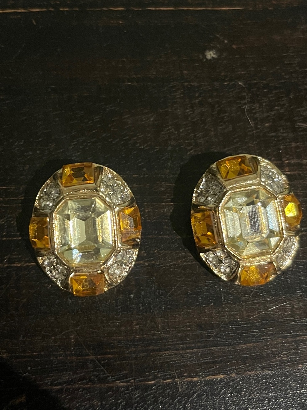 Kenneth Jay Lane Vintage Gold-Tone Earrings with Amber and Clear Crystals